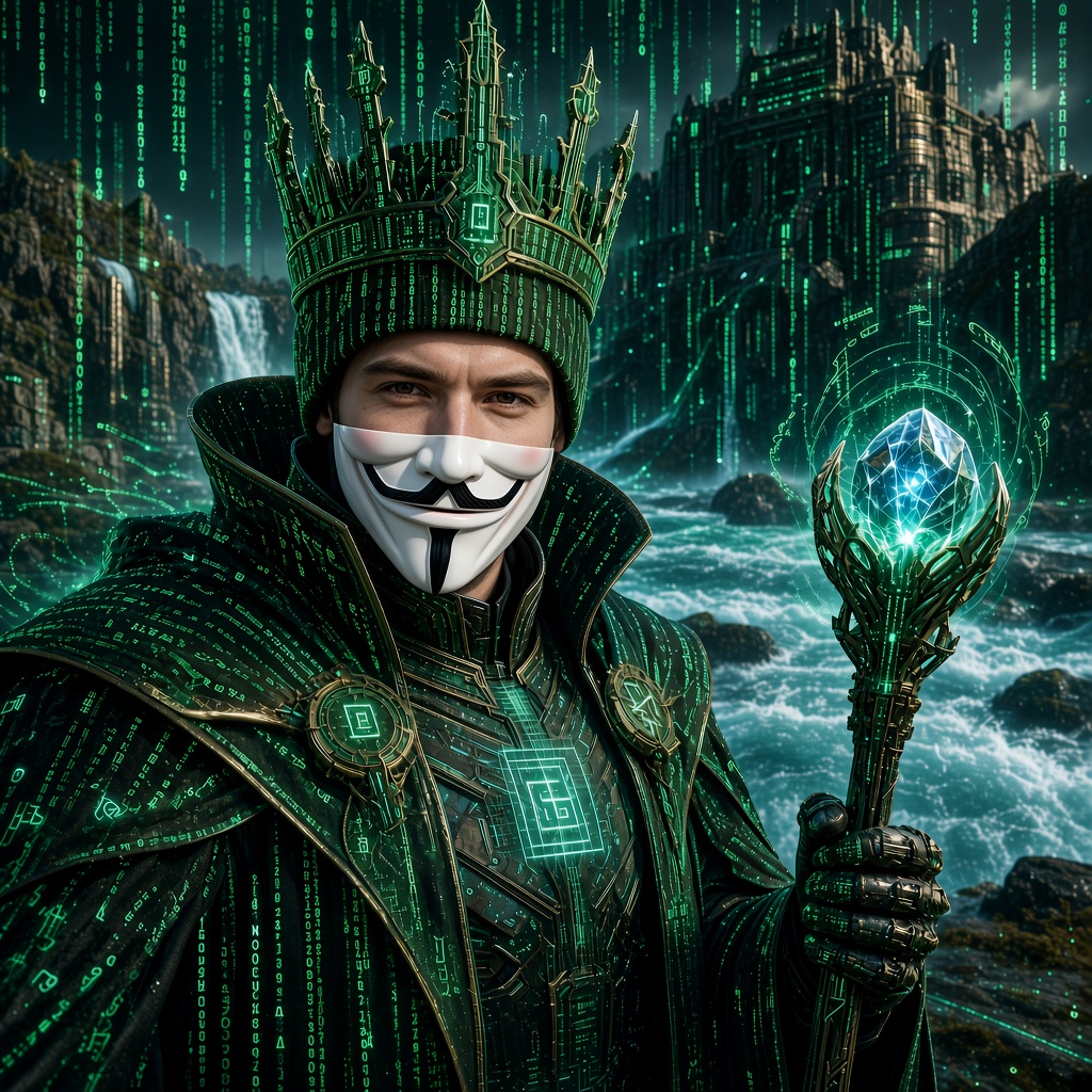 Homem com coroa digital e máscara em uma cidade iluminada por código verde, segurando um cristal.